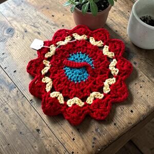 Vintage Crochet Doily Centerpiece, Large Red Floral Crochet Table Mat, Retro
